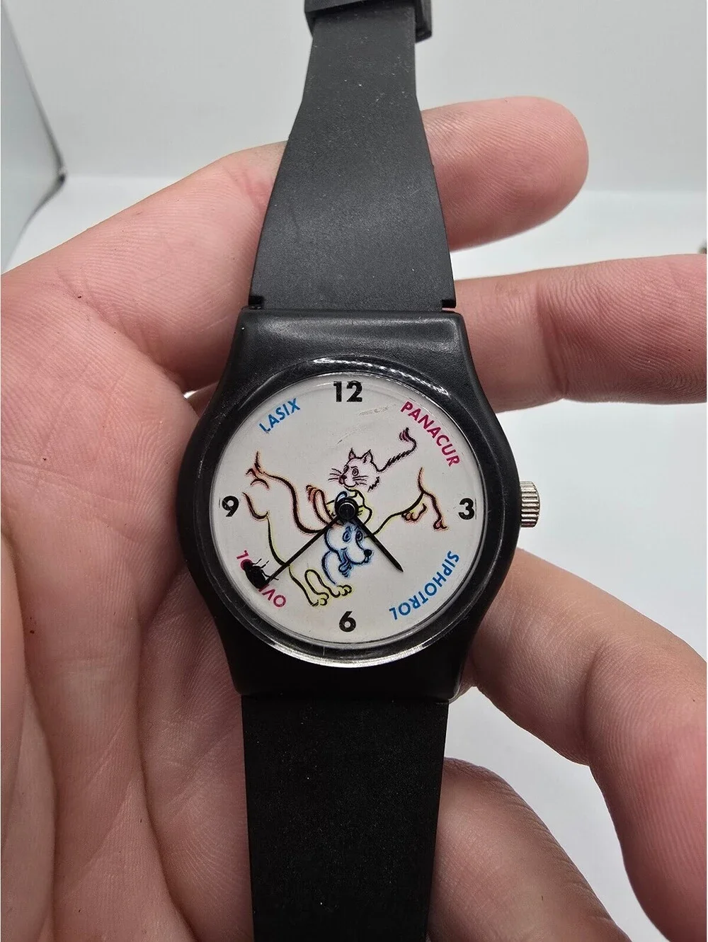 Quartz Analog Cartoon Dial Watch White/Multicolor Dial Black Plastic Strap